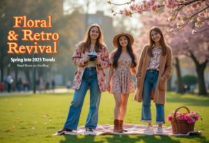 Friends in retro-floral outfits pose in a spring park with a Polaroid camera and picnic basket.