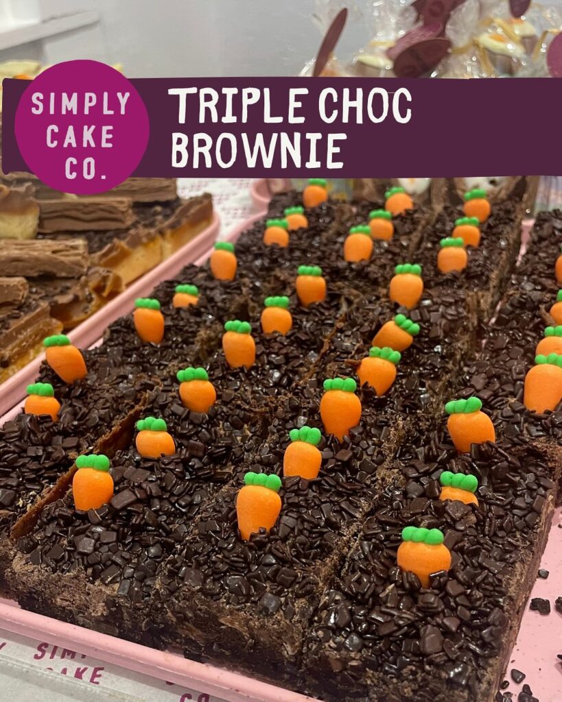 Simply Cake Co’s Triple Choc Brownie slices featuring a rich