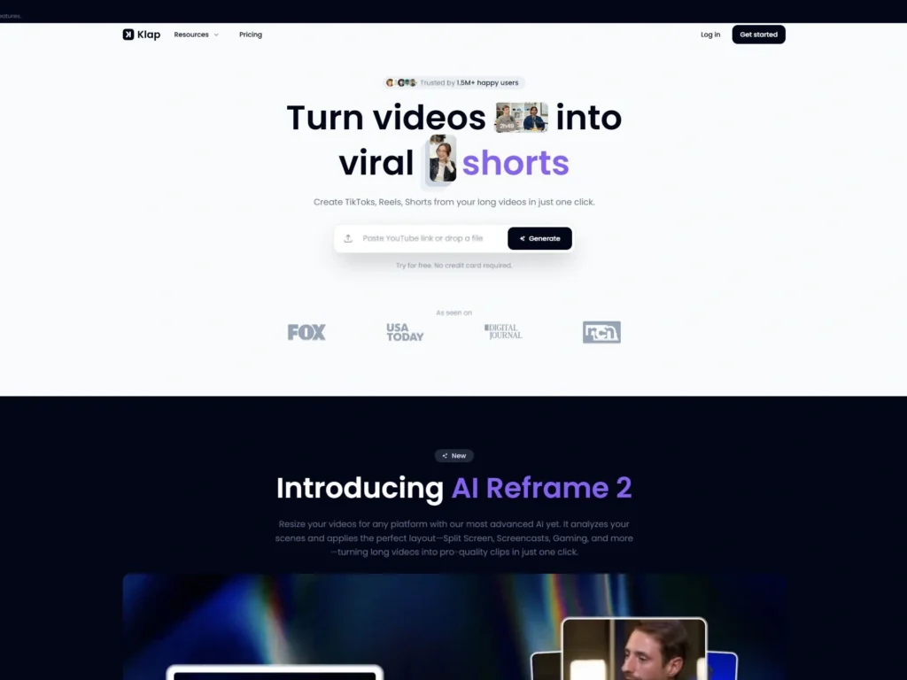 Klap: Reframes, resizes, adds captions and voiceovers. Perfect for Shorts, TikTok, Reels.