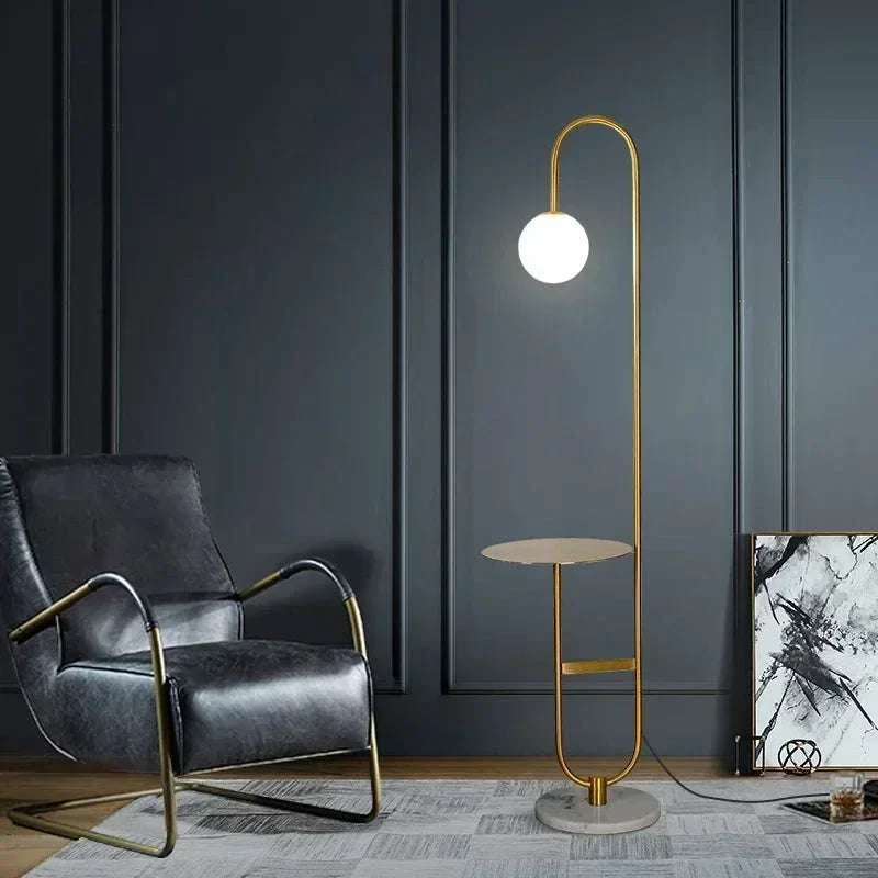 A Funky Floor Lamp with Table Modern Design Lighting in the room with a black chair.