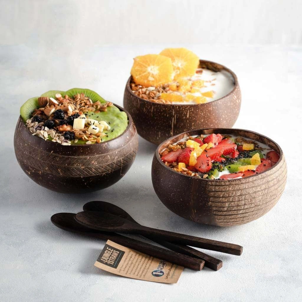 These versatile coconut bowls are perfect for serving vibrant smoothie bowls, wholesome salads, or even as charming decorative pieces for holding trinkets.