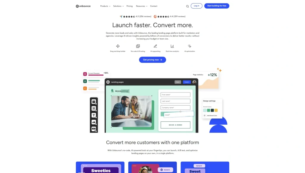 Unbounce is one of the long-standing leaders in landing page software, known for its conversion-focused features and AI-powered tools.