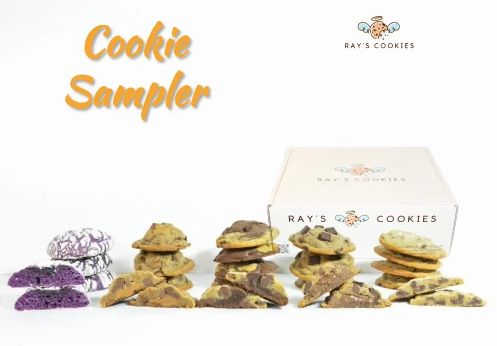 Ray's Cookies sampler box featuring a variety of small-batch gourmet cookies, including Ube and chocolate chip flavors, packed for nationwide delivery.
