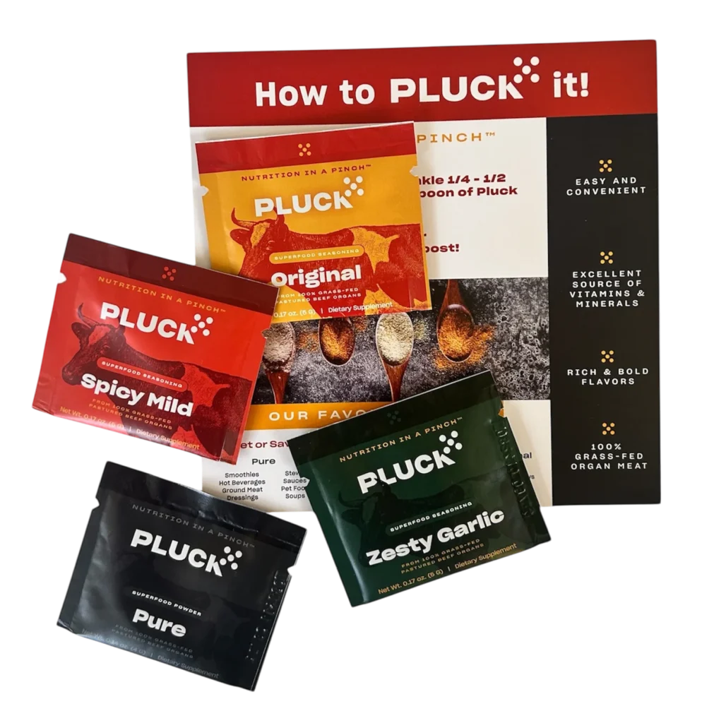 Pluck sample seasoning packets in Original, Spicy Mild, Zesty Garlic, and Pure flavors, displayed with a "How to Pluck it" guide on a black background