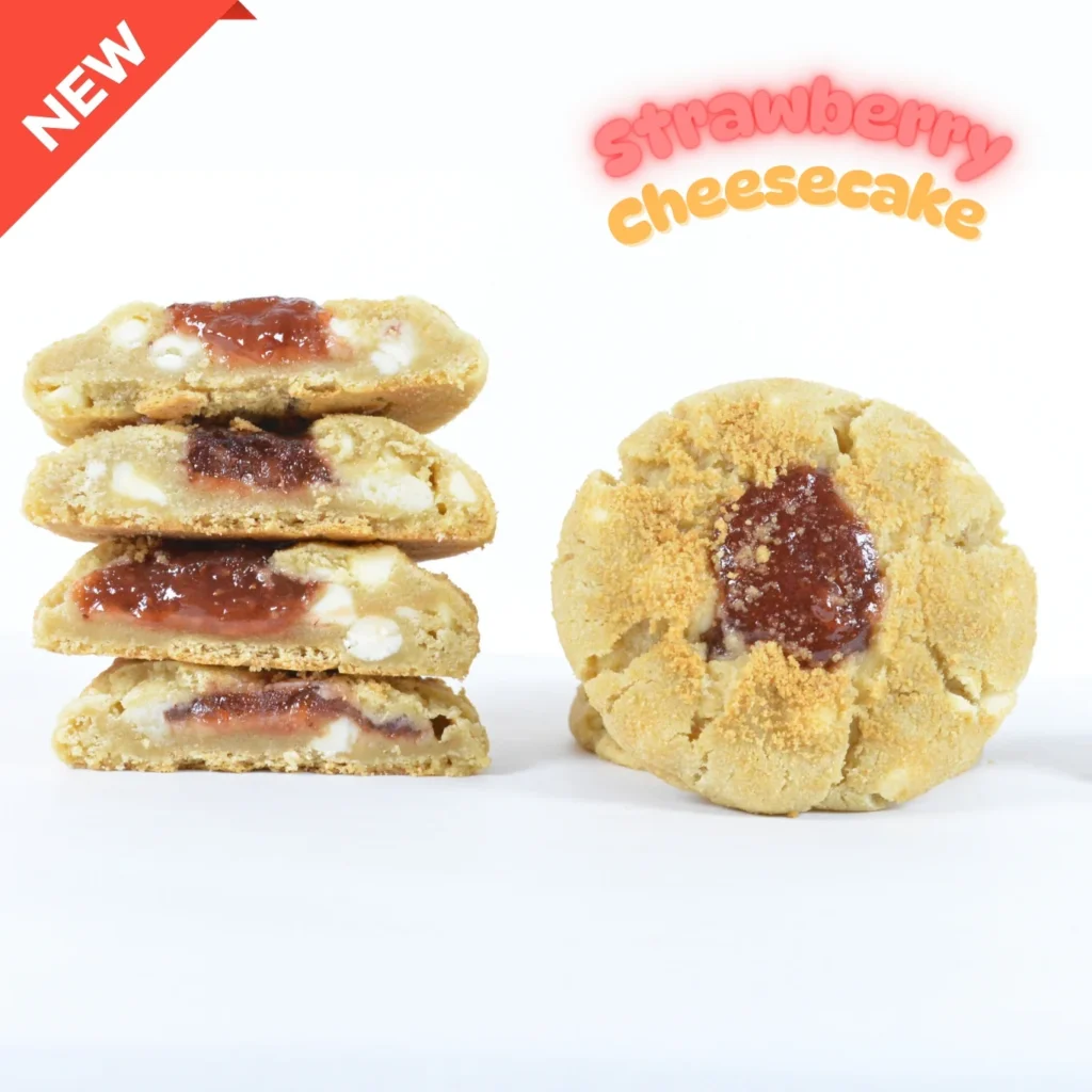 Strawberry Cheesecake cookie from Ray's Cookies with gooey jam center and soft baked layers, showcasing their premium small-batch gourmet cookie quality.