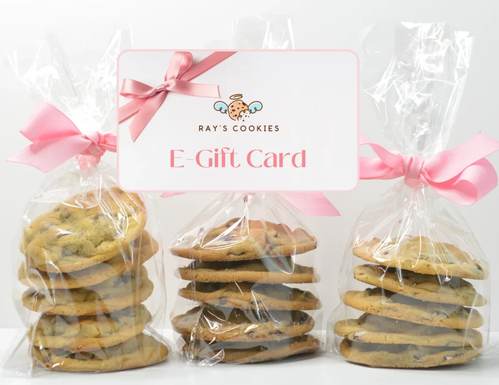 Ray's Cookies e-gift card displayed with three clear bags of chocolate chip cookies tied with pink ribbons.