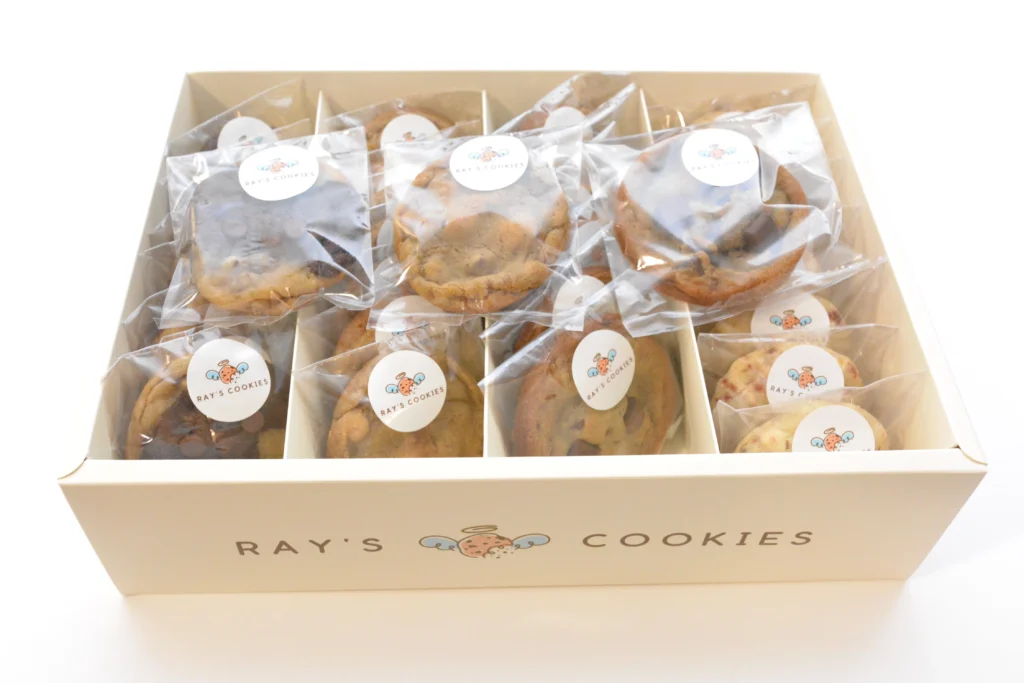 Ray's Cookies premium gift box featuring individually wrapped gourmet cookies in assorted flavors, perfect for gifting or events.