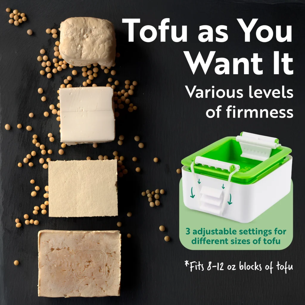 Tofuture tofu press with 3 adjustable settings showing various tofu firmness levels, fits 8–12 oz blocks – save with Tofuture coupon code.