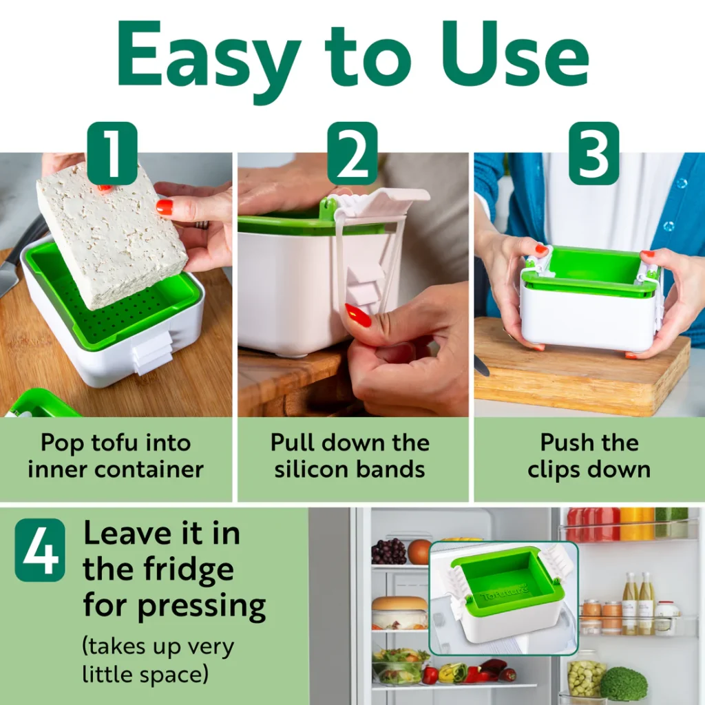 Step-by-step guide showing how to use the Tofuture tofu press with TensionLatch design, compact fridge-friendly container, save more with Tofuture coupon code.